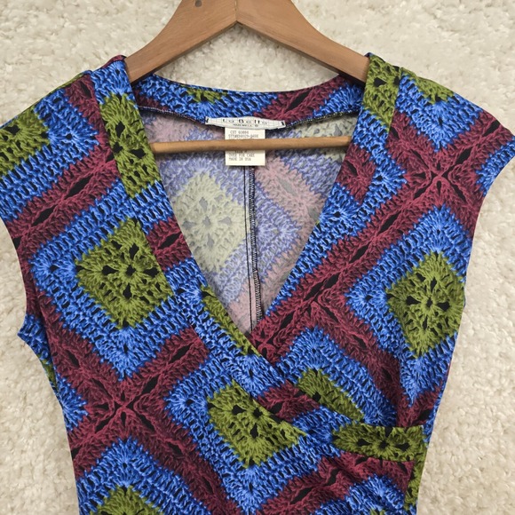 La Belle Womens Faux Wrap V Neck‎ Dress Size Medium Blue Green Red Retro Y2K USA - Picture 4 of 10